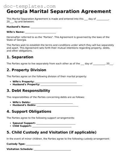 Legal  Marital Separation Agreement Form for Georgia