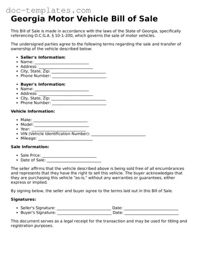 Legal  Motor Vehicle Bill of Sale Form for Georgia