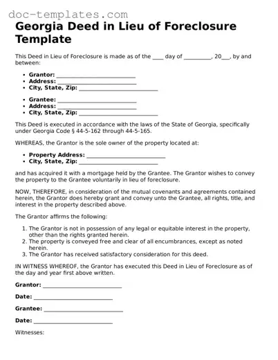 Legal  Deed in Lieu of Foreclosure Form for Georgia