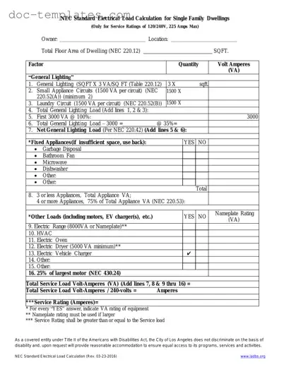 Download LADBS NEC Standard Electrical Load Calculation Template