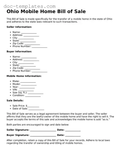 Legal  Mobile Home Bill of Sale Form for Ohio