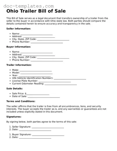 Legal  Trailer Bill of Sale Form for Ohio