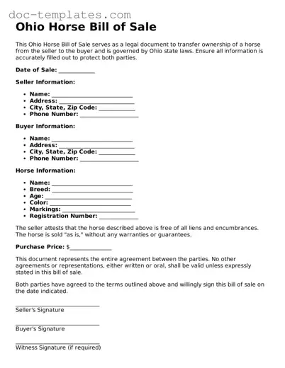 Legal  Horse Bill of Sale Form for Ohio