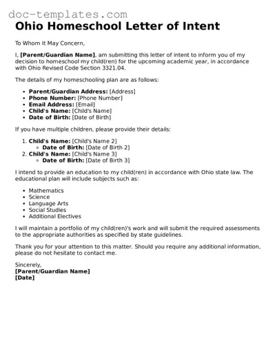 Legal  Homeschool Letter of Intent Form for Ohio