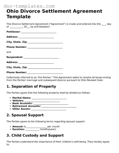 Legal  Divorce Settlement Agreement Form for Ohio