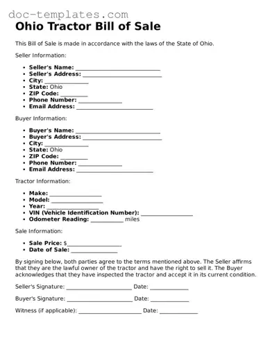 Legal  Tractor Bill of Sale Form for Ohio