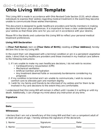 Legal  Living Will Form for Ohio