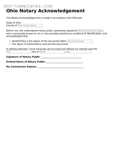 Legal  Notary Acknowledgement Form for Ohio