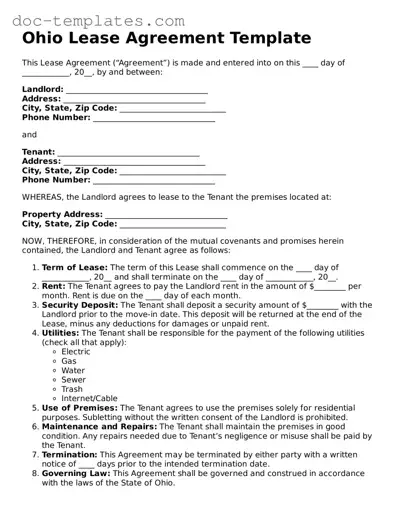 Legal  Lease Agreement Form for Ohio