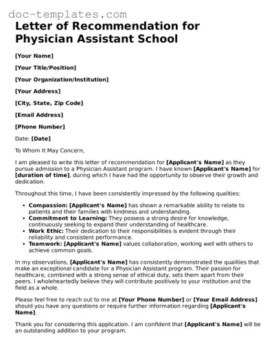 Official PA School Letter of Recommendation Document