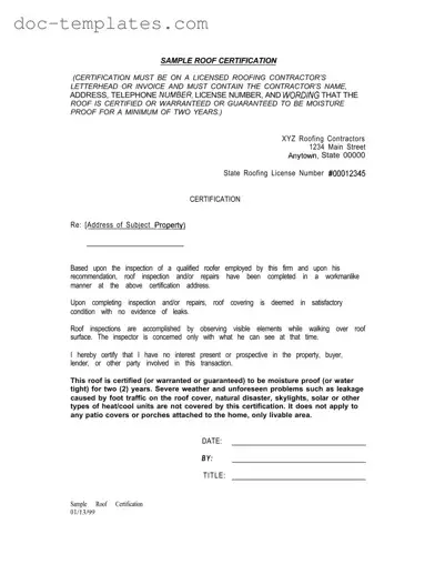 Download Sample Roof Certification Template