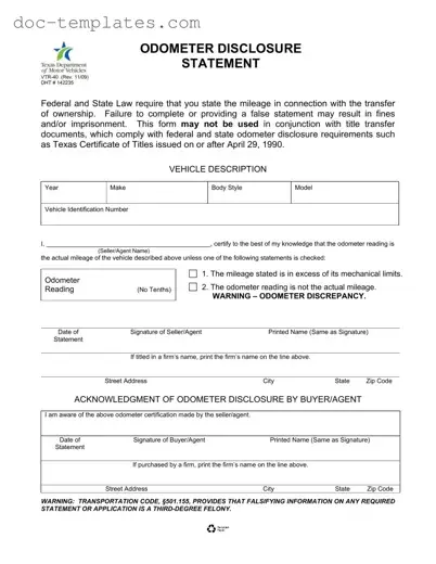 Download Texas Odometer Statement Template