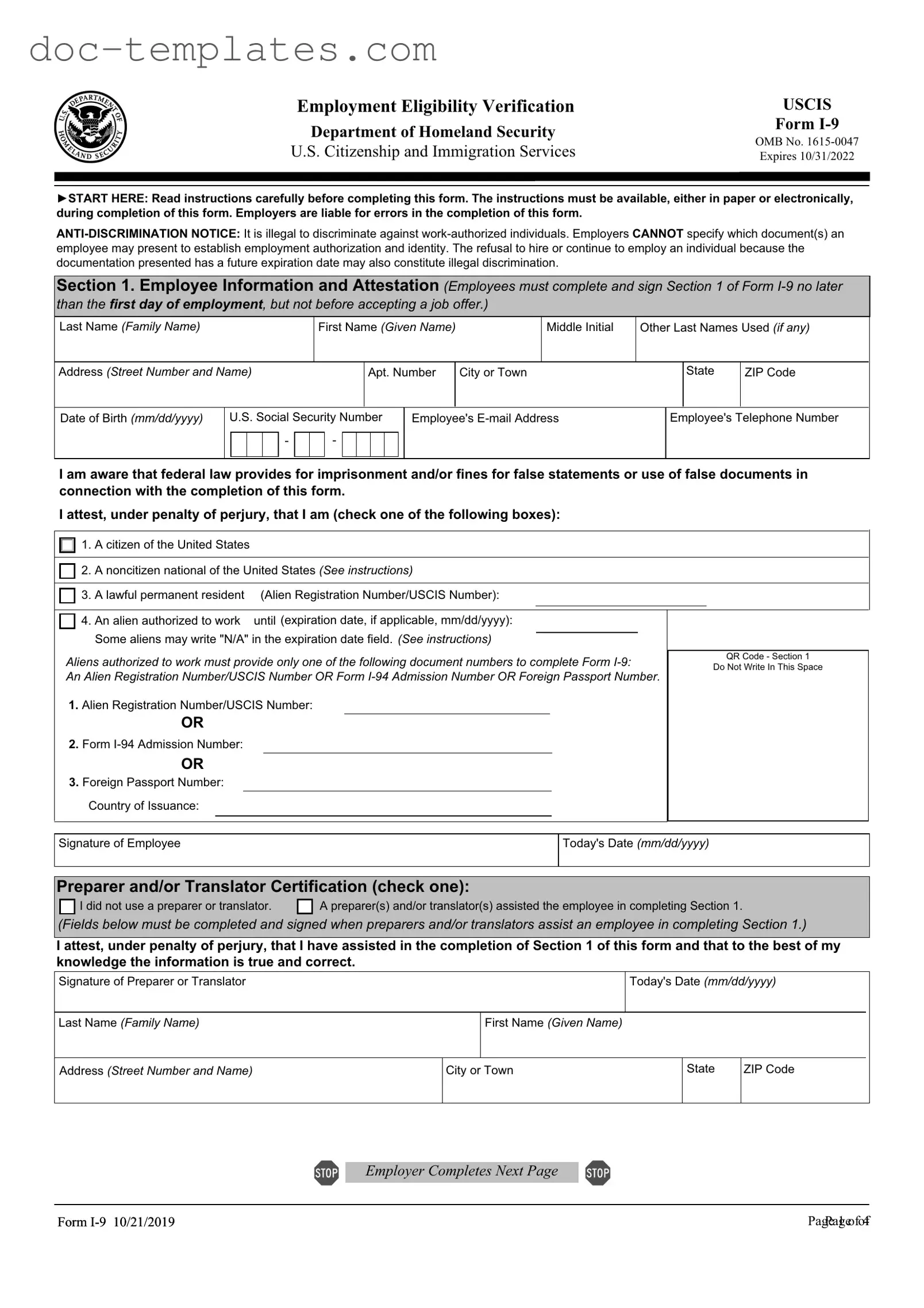 Download USCIS I-9 Template