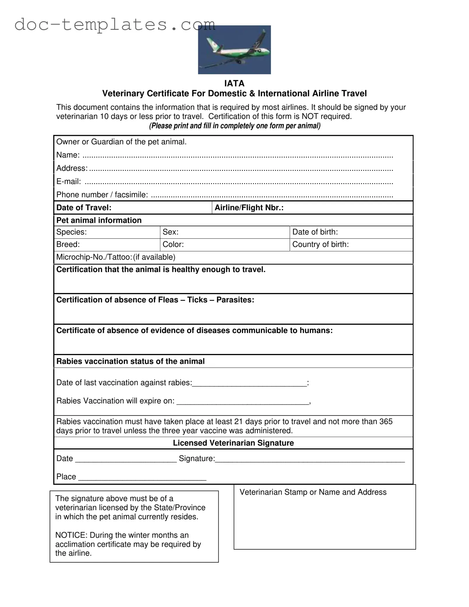 Download Veterinary Certificate Travel Template